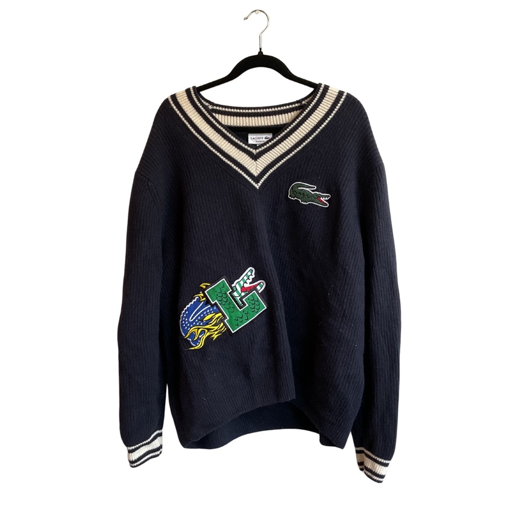 Lacoste Navy Blue V-Neck Varsity Sweater